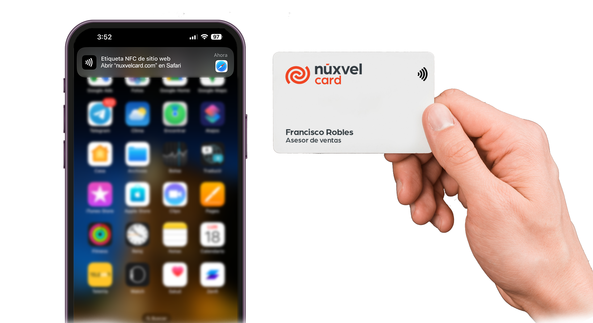 Vista previa de la tarjeta digital Nuxvel Card en smartphone